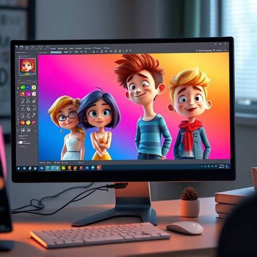 A computer screen displaying animated characters and design software