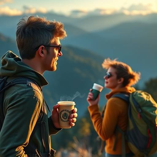 Image from a television commercial for Mountain Air Coffee, showing a hiker enjoying coffee