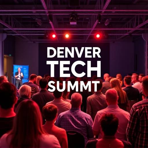 Image of a highlight reel from the Denver Tech Summit, showing speakers and attendees