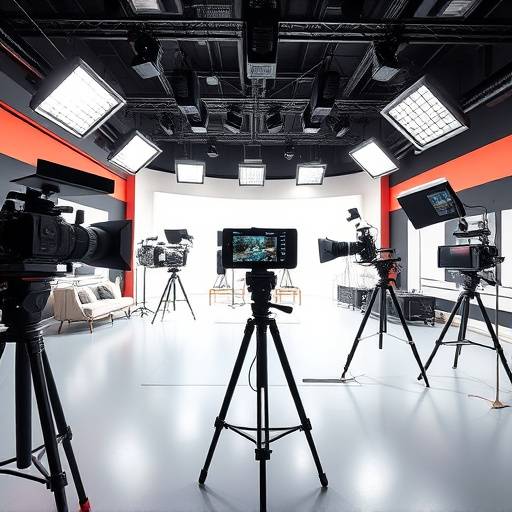 Modern video production studio with cameras, lighting equipment, and editing workstations