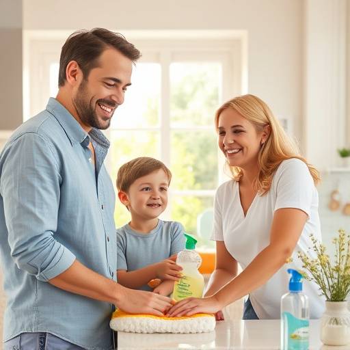 Still from a digital ad for SparkleClean Detergent, featuring a family cleaning their home